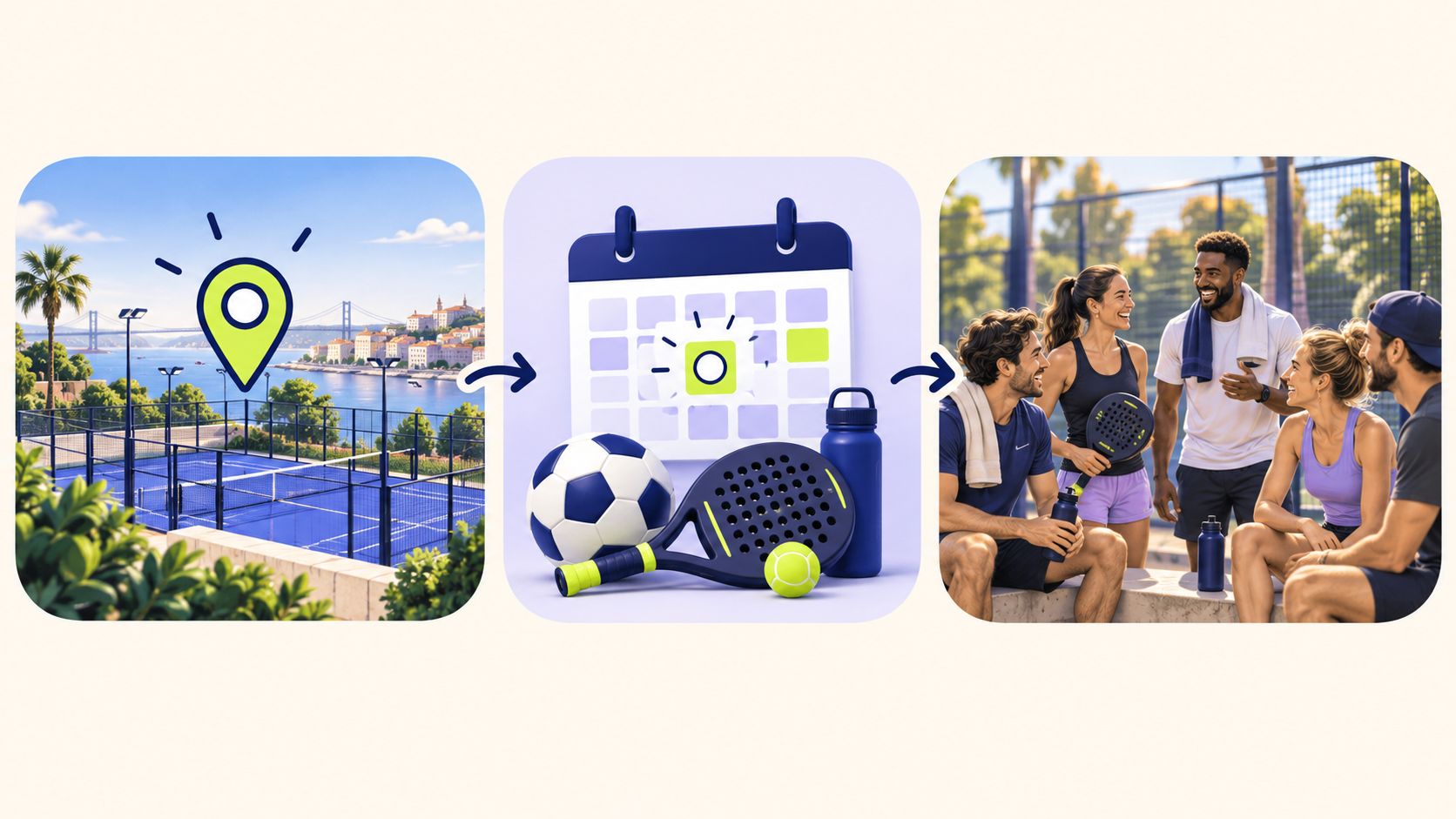 Ilustração em três etapas: encontrar um campo próximo, escolher uma sessão no calendário e conviver com outros jogadores